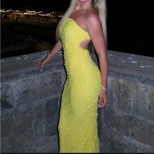 Fashion Nova Strapless Yellow Ruffle Maxi Dress